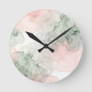 Sanftes Rosa Salbei Grün Wasserfarben Abstraktes M Runde Wanduhr