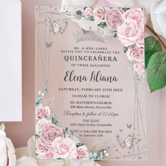Sanftes Rosarot Florale Schmetterlinge Quinceanera Acryleinladungen