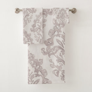 Sanftes Taupe-Damask Wasserfarbe Klassisches Flora Badhandtuch Set
