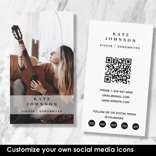 Sängermusiker Foto Custom Social Media QR Code Visitenkarte (Singer Musician Photo Custom Social Media QR Code Business Card)