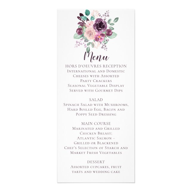 Sangria Lila Mauve Floral Wedding | Menü (Vorne)