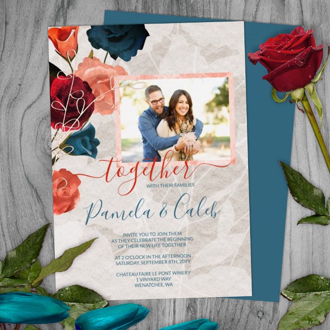 Sangria Rote Aquamarine Rose Gold Blätter Sommerho Folieneinladung (summer sangria burgundy red teal green garden botanical wedding invitations gold foil leaves)