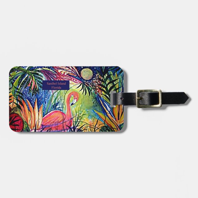 Sanibel Insel-Flamingo-Kunst Gepäckanhänger (Vorderseite horizontal)