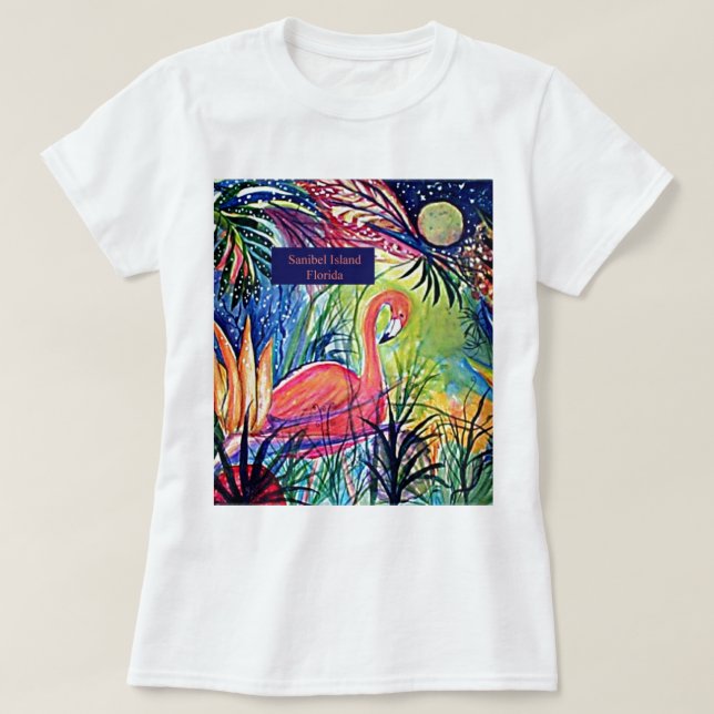 Sanibel Insel-Flamingo-Kunst T-Shirt (Design vorne)