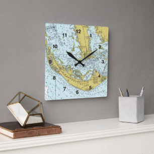 Sanibel Island Captiva Seekarte Quadratische Wanduhr