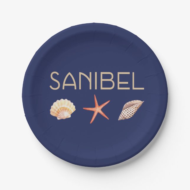Sanibel Island Florida Seashells auf Blue Pappteller (Vorderseite)