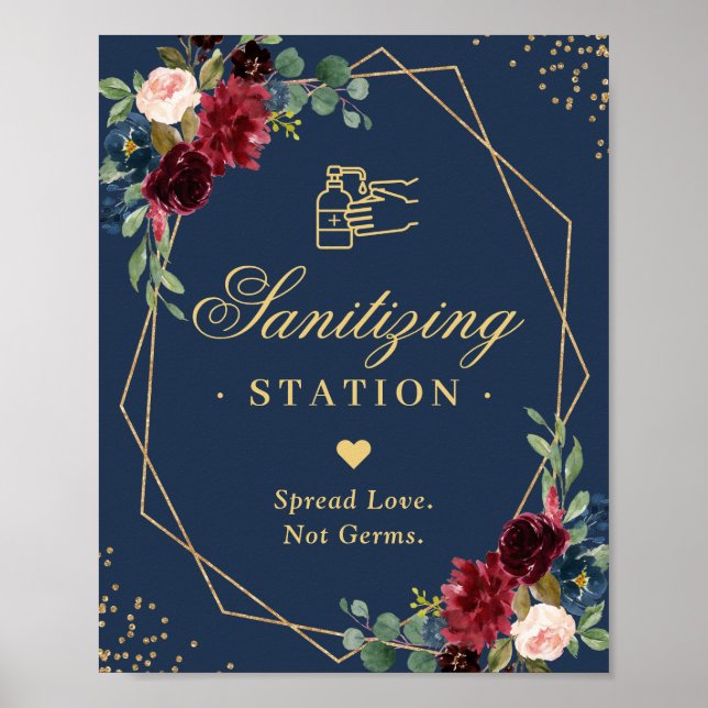 Sanierungsstation Sign Gold Navy Burgundy Floral Poster (Vorne)