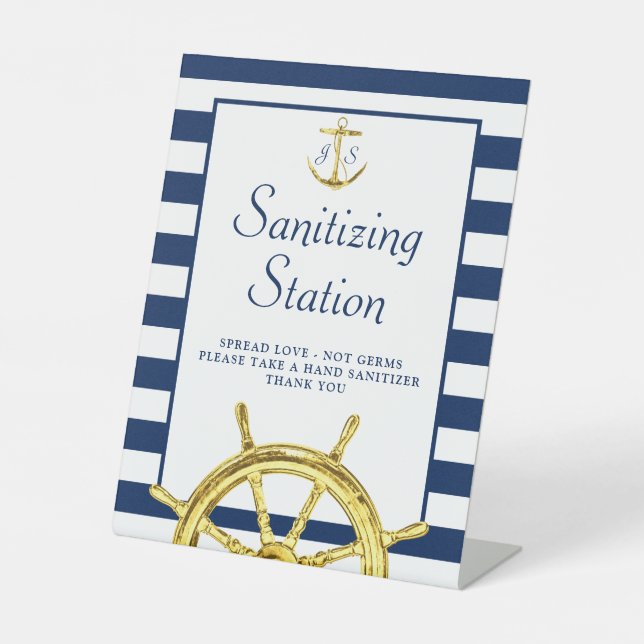 Sanitisierungs-Station Nautical Blue Gold Monogram Sockelschild (Vorderseite)