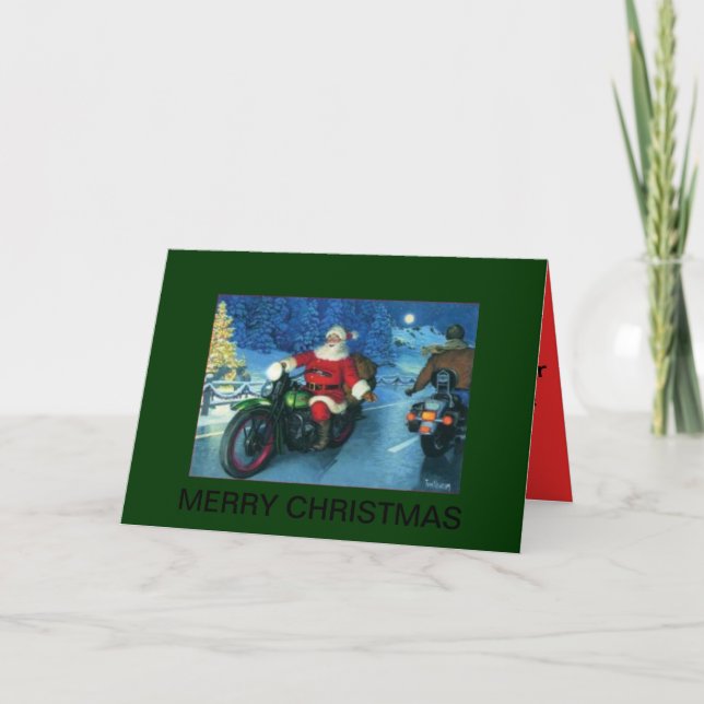 Sankt auf einer Motorradweihnachtskarte Feiertagskarte (Vorderseite)