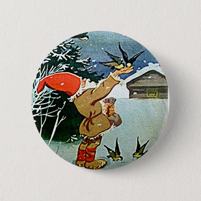 Sankt, die eigenhändig Vögel im Schnee füttert Button (Vorderseite)