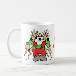 Sankt, die Ren-lustiges Cartoon-Weihnachten umarmt Kaffeetasse