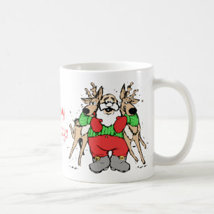 Sankt, die Ren-lustiges Cartoon-Weihnachten umarmt Kaffeetasse