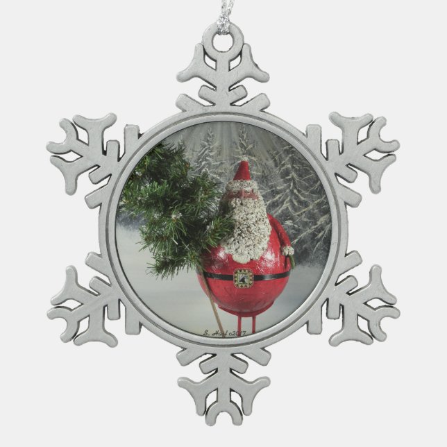 Sankt mit Baum Schneeflocken Zinn-Ornament (Vorderseite)