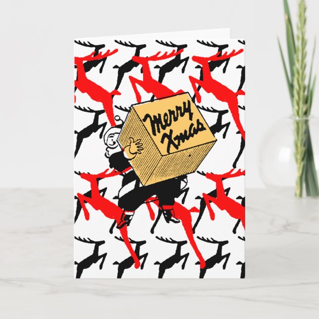 Sankt mit einem fröhlichen Weihnachtspaket Feiertagskarte (Vorderseite)