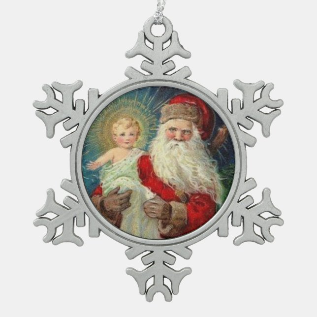 Sankt Nikolaus des Myra Bischofs-Babys Jesus Schneeflocken Zinn-Ornament (Vorderseite)