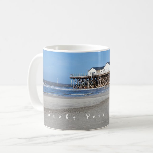 Sankt Peter Ording House auf Pfählen Foto mit Text Kaffeetasse (Vorderseite Links)