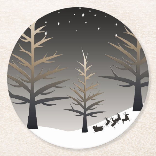 Sankt Sleigh und Baum-Silhouette Runder Pappuntersetzer (Vorderseite)