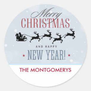 Sankt und sein Fliegen-Ren-Silhouette-Weihnachten Runder Aufkleber