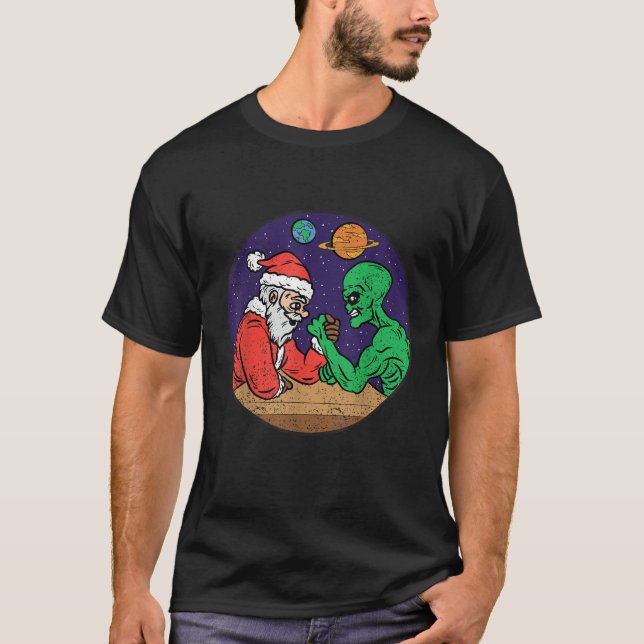 Santa Alien Arm Wrestling Weihnachten Pajama Funny T-Shirt (Vorderseite)
