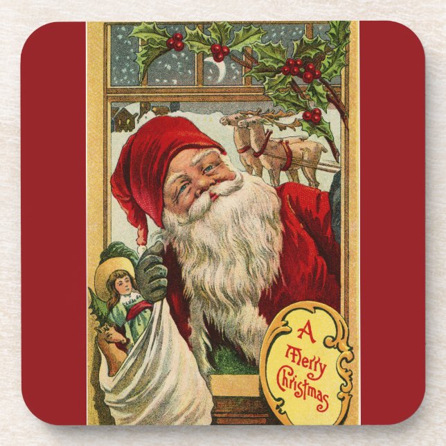 Santa am Fenster mit Spielzeug Untersetzer (Vorderseite)