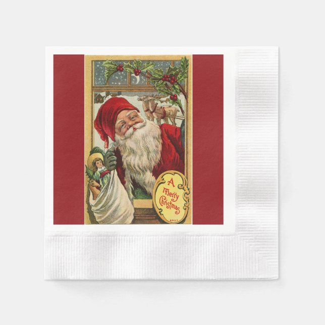 Santa am Fenster mit Spielzeugpapier Napkin Serviette (Vorderseite)