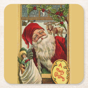 Santa am Fenster mit Spielzeugtasche Rechteckiger Pappuntersetzer