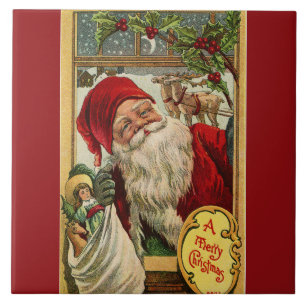 Santa am Fenster mit Toys Red Keramik Tile Fliese