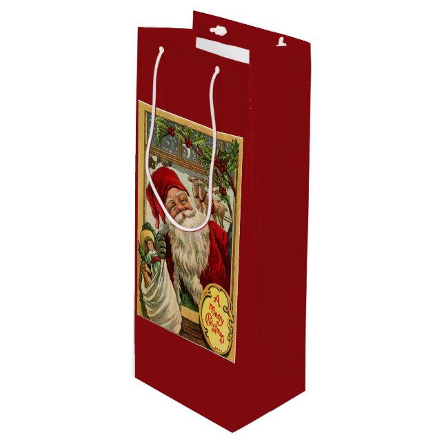 Santa am Fenster mit Toys Wine Geschenktasche Geschenktüte Für Weinflaschen (Vorderseite Schrägansicht)