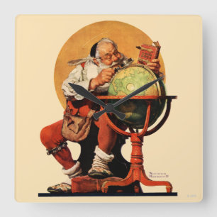 Santa am Globus Quadratische Wanduhr