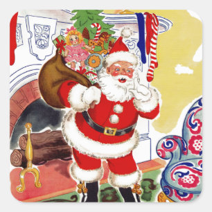 Santa am Kamin bringt Spielzeug Quadratischer Aufkleber