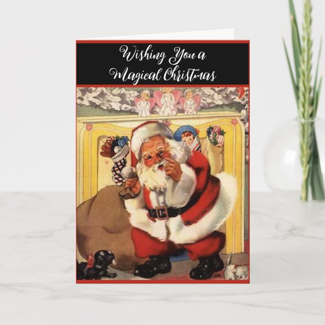 Santa am Kamin mit Puppen Vintage Retro Karte (Vorderseite)