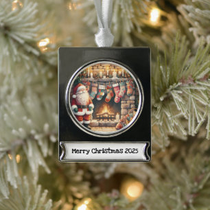 Santa am Kamin Weihnachtsstrümpfe Banner-Ornament Silber