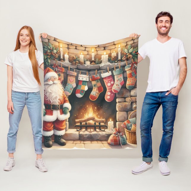 Santa am Kamin Weihnachtsstrümpfe Fleecedecke (Beispiel)