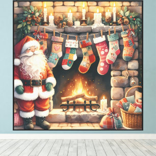 Santa am Kamin Weihnachtsstrümpfe Leinwanddruck