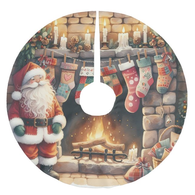 Santa am Kamin Weihnachtsstrümpfe Polyester Weihnachtsbaumdecke (Vorderseite)