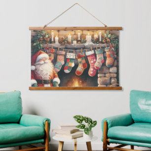 Santa am Kamin Weihnachtsstrümpfe Wandteppich Mit Holzrahmen