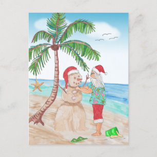 Santa am Strand Gebäude a Sand Snowman Postkarte