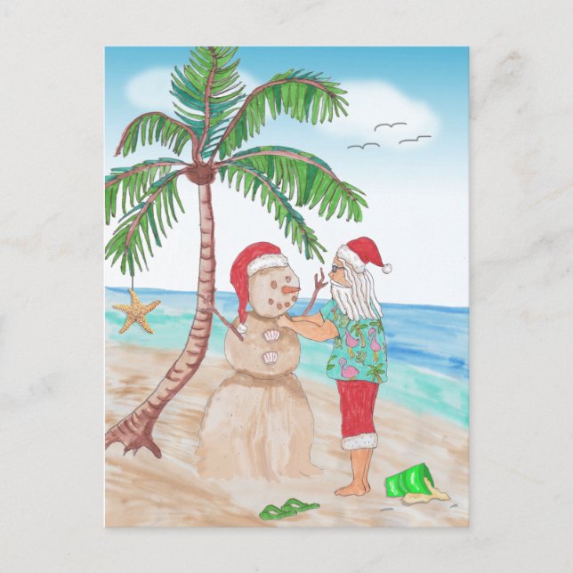 Santa am Strand Gebäude a Sand Snowman Postkarte (Vorderseite)