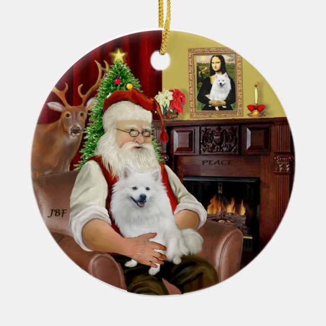 Santa-American Eskimo Dog Keramik Ornament (Vorne)