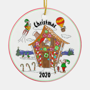 Santa and Elves in Gingerbrot House Comic Design Keramik Ornament