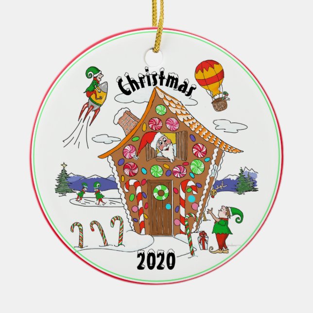 Santa and Elves in Gingerbrot House Comic Design Keramik Ornament (Vorne)