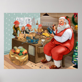 Santa And Elves Making Toys | Christmas Poster