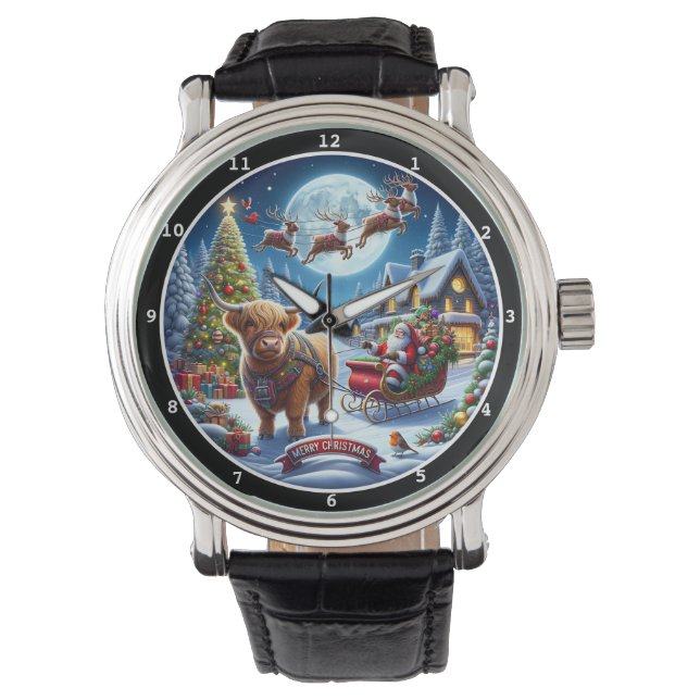 Santa and Highland Cow Sleigh Armbanduhr (Vorderseite)