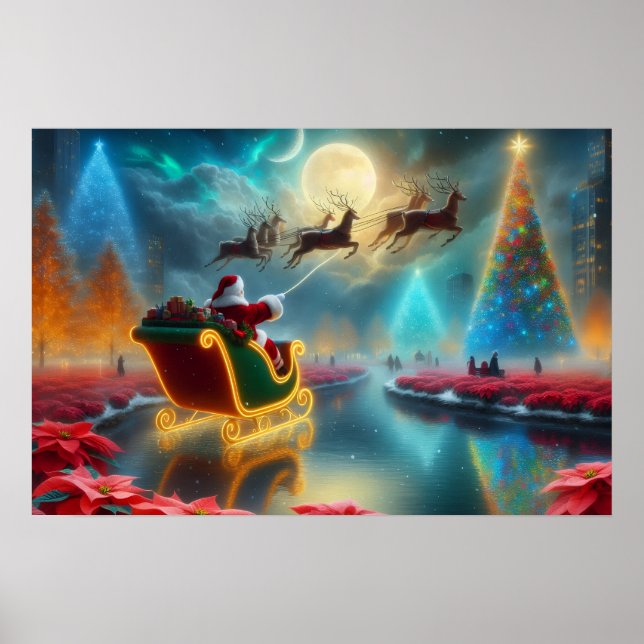 Santa and His Reindeer Flying in the Sky Poster (Vorne)