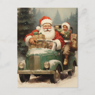 Santa and Kid in einem kleinen grünen Auto mit Ges Feiertagspostkarte