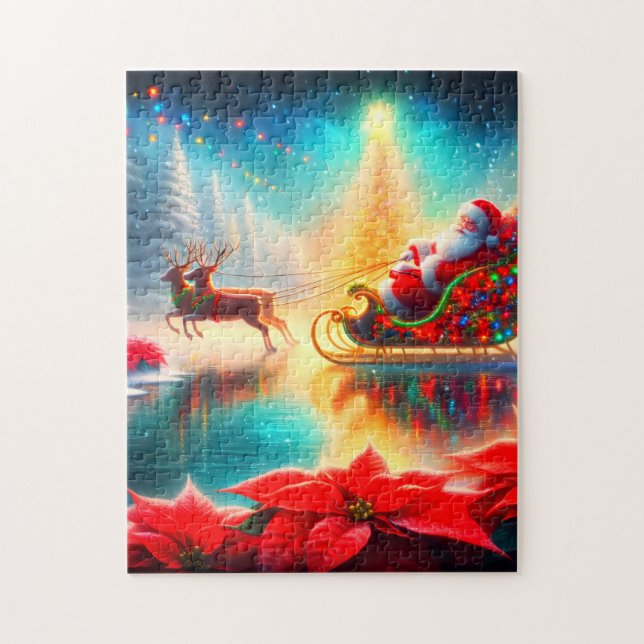 Santa and Reindeer on a Frozen Pond on His Sleigh Puzzle (Vertikal)