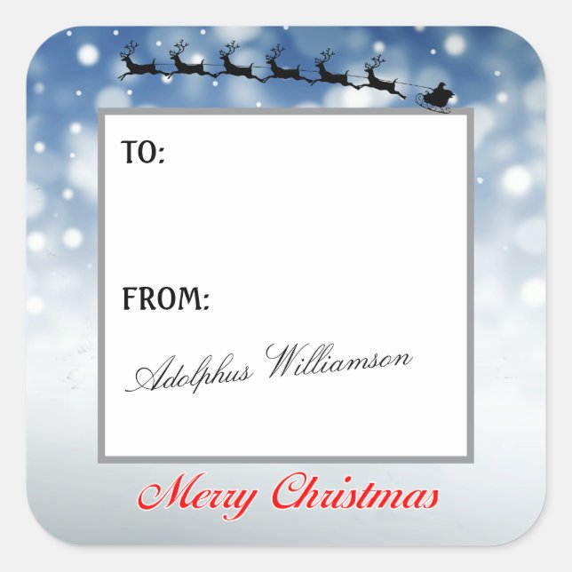 Santa and Reindeer Snowflakes Gift Label Quadratischer Aufkleber (Vorderseite)