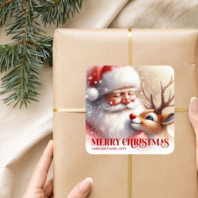 Santa and Rudolph Personalized Kids Christmas Labe Quadratischer Aufkleber (Santa and Rudolph Personalized Kids Christmas Label)