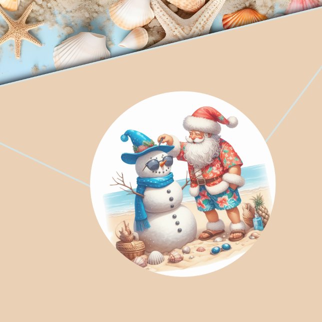 Santa and Snowman Tropical Island Christmas Runder Aufkleber (Von Creator hochgeladen)