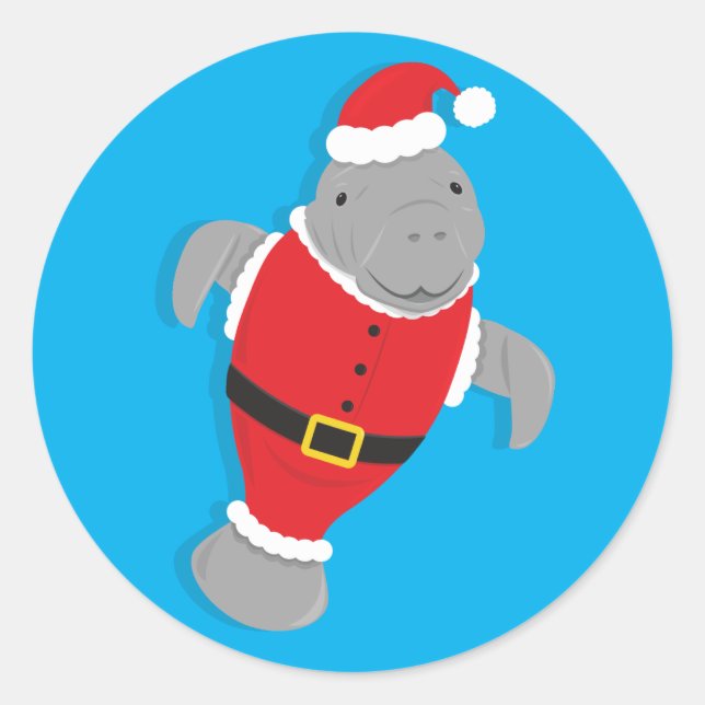 Santa Anzug Cartoon Manatee Weihnachten Runder Aufkleber (Vorderseite)
